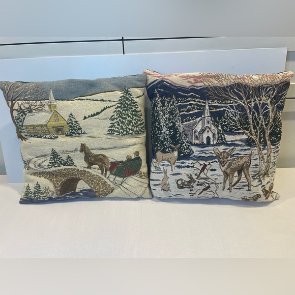 Tapestry Throw Pillows Church Christmas Victorian Colonial Deer Snow Sleigh 15” - Picture 1 of 7